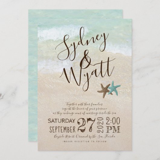 ビーチサンドタイポグラフィヒトデ結婚式招待状 招待状 (正面/裏面)