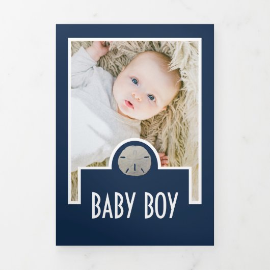 ビーチサンドドル、6フォトコラージュベビー誕生 三つ折り案内状 (カバー)