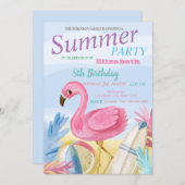 ビーチサンドピンクフラミンゴスバースデーパーティー 招待状 (正面/裏面)