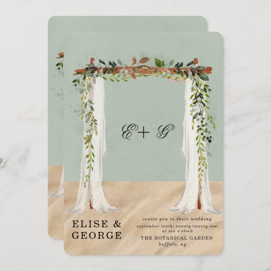 ビーチサンドホワイトキャノピートロピカルユニーク結婚ズ 招待状 (正面/裏面)