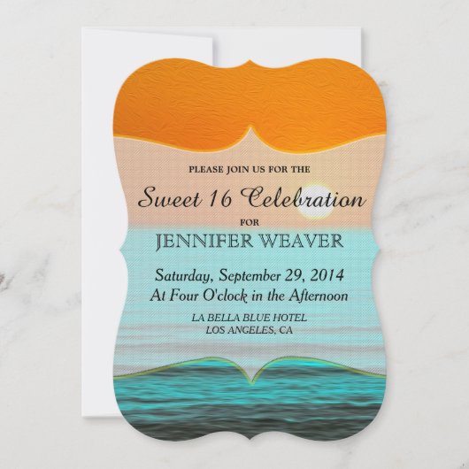 ビーチサンラ絵画イズインオレンジスカイ&ティール(緑がかった色)ウォーター 招待状 (正面)