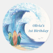 ビーチサーフィン誕生日パーティー ラウンドシール (正面)