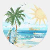 ビーチサーフィン誕生日パーティー ラウンドシール (正面)