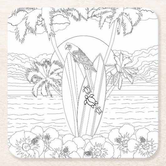 ビーチサーフボードアダルトカラーリング紙コースター スクエアペーパーコースター (正面)