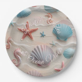 ビーチシェル、ヒトデ&シーホースピンクの砂パーティー ペーパープレート (正面)