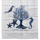 ビーチショアネイビーブルーファミリーネームシーホースコーラル シャワーカーテン (正面)