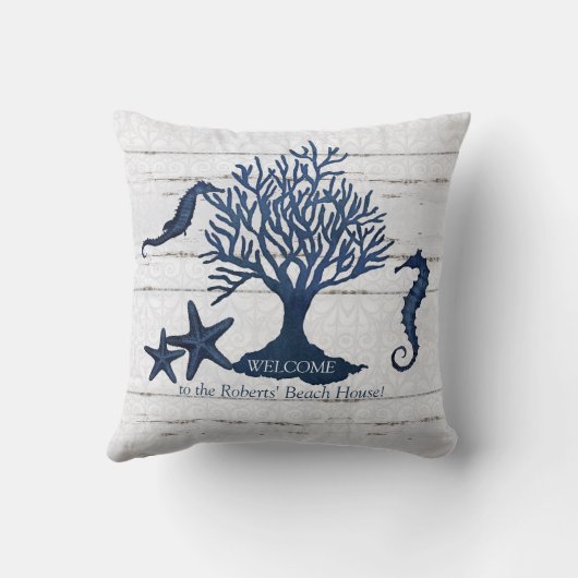ビーチショアホームネイビーヴィンテージシーホースサンゴル クッション (裏面)