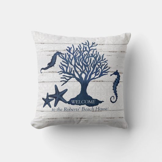 ビーチショアホームネイビーヴィンテージシーホースサンゴル クッション (正面)