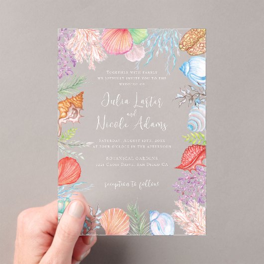 ビーチシンプルブルー海シーシェル結婚ズ アクリル招待状 (インサイチュ (ポータブル))