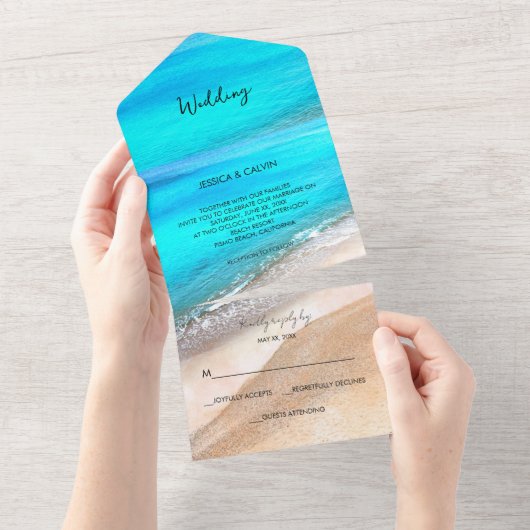 ビーチシーサイドサマー3イン1結婚式招待状 オールインワン招待状 (貼ってはがせる)