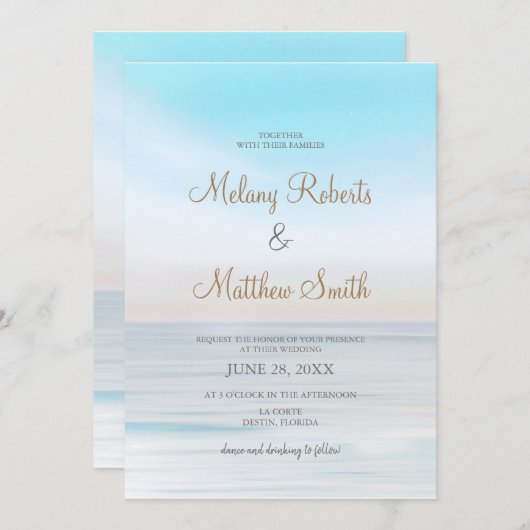 ビーチシーサイド海ビーチをテーマ結婚にした 招待状 (正面/裏面)
