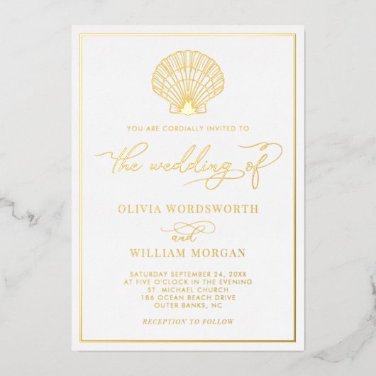 ビーチシーシェルエレガントウェディングフォイル招待状 箔招待状 (正面)