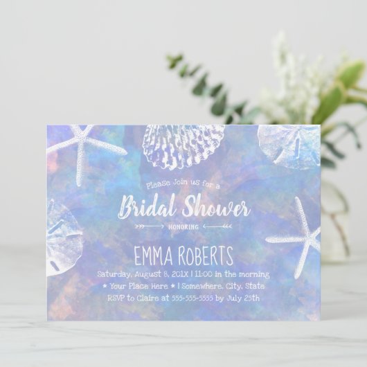 ビーチシーシェルエレガントズ水彩ブライダルシャワー 招待状 (スタンド正面)