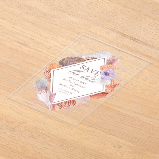 ビーチシーシェルズウォーターカラーコースタルシック結婚ズ アクリル招待状 (レイダウン)