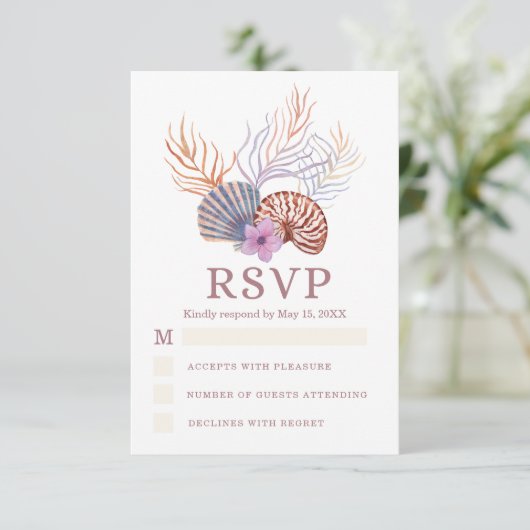 ビーチシーシェルズウォーターカラーコースタルシック結婚ズ 出欠カード (スタンド正面)