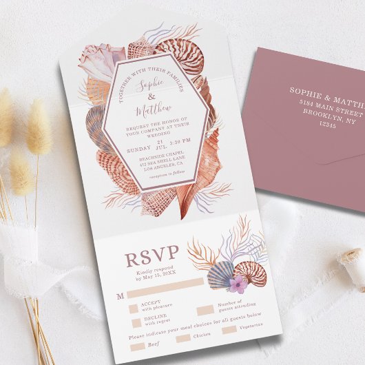 ビーチシーシェルズウォーターカラーコースタルシ結婚ックのアル オールインワン招待状