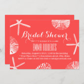 ビーチシーシェルズコーラルレッドブライダルシャワー 招待状 (正面/裏面)