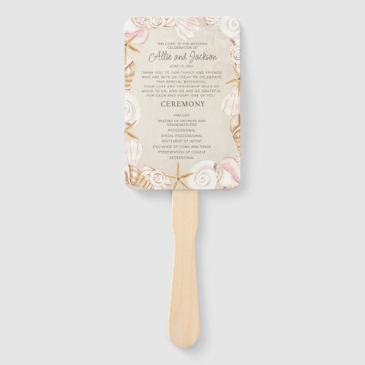 ビーチシーシェルズサンド結婚式 プログラムブライダルパーティ ハンドファン (正面)