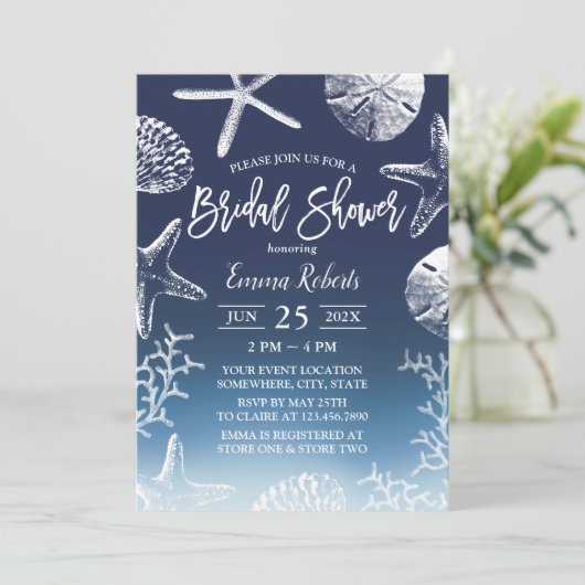 ビーチシーシェルズスターフィッシュネイビーグラデーションブライダルシャワー 招待状 (スタンド正面)
