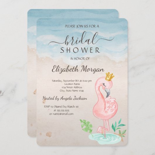 ビーチシーシェルズピンクフラミンゴブライダルシャワー 招待状 (正面/裏面)