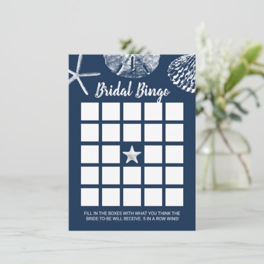 ビーチシーシェルブライダルシャワービンゴゲームネイビーブルー 招待状 (スタンド正面)