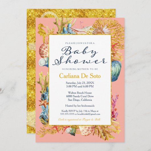 ビーチシーシェルベ航海のビーシャワー招待状 招待状 (正面/裏面)