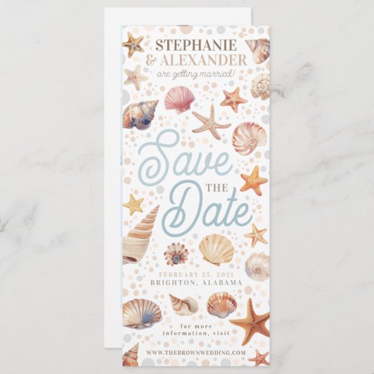 ビーチシーシェル日付ブックマークの写真を保存 招待状 (正面/裏面)