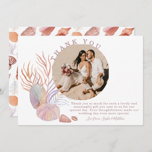ビーチシーシェル水彩沿岸写真結婚の サンキューカード (正面/裏面)