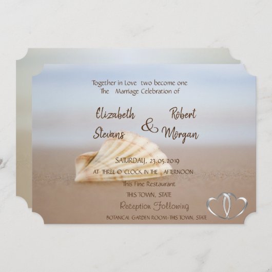 ビーチシーシェル、ハート結婚式招待状 招待状 (正面/裏面)
