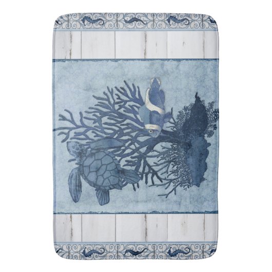 ビーチシータートルシーホースブルー素朴ウォーター色 バスマット (正面縦)