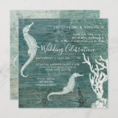 ビーチシーホースサンゴティール(緑がかった色)ブルーホワイトウ素朴ッド 招待状 (正面/裏面)