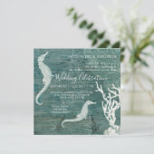 ビーチシーホースサンゴティール(緑がかった色)ブルーホワイトウ素朴ッド 招待状 (スタンド正面)