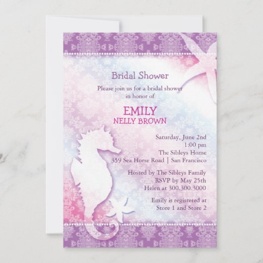 ビーチシーホースパープルブライダルシャワー 招待状 (正面)