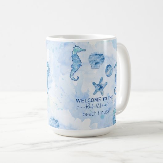 ビーチシーホースヒトデシーシェルズウェルカムファミリー コーヒーマグカップ (正面右)