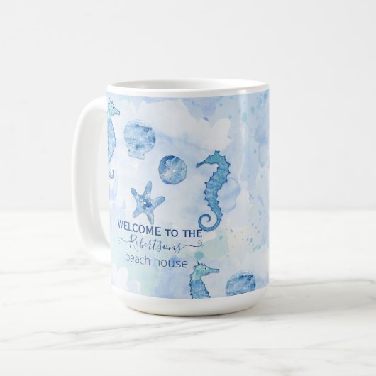 ビーチシーホースヒトデシーシェルズウェルカムファミリー コーヒーマグカップ (正面左)