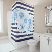 ビーチシーホース水の色スターフィッシュネイビーブルーホワイト シャワーカーテン (インサイチュ)