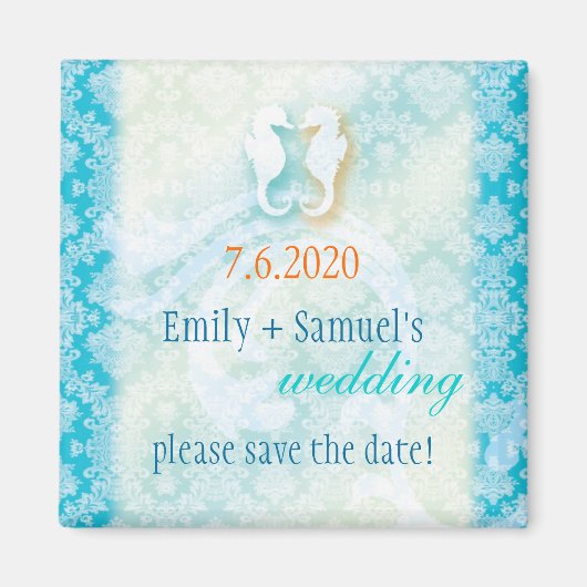 ビーチシーホース結婚式の日付を保存 マグネット (正面)