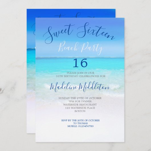 ビーチシーンブルーSweet sixteenフォト誕生日 招待状 (正面/裏面)