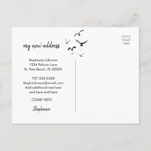 ビーチシーン私の幸せな場所に移動する新しいアドレス 案内ポストカード (裏面)