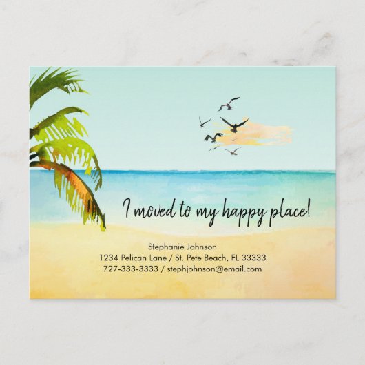 ビーチシーン私の幸せな場所に移動する新しいアドレス 案内ポストカード (正面)