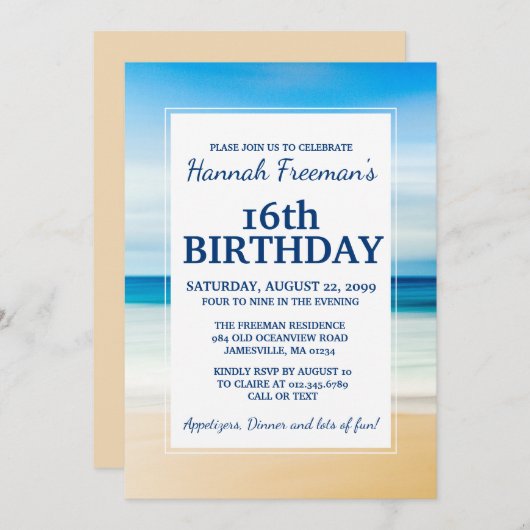 ビーチシーン16th誕生日パーティーへの招待 招待状 (正面/裏面)