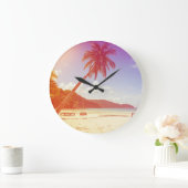 ビーチシーン、ココナッツツリー、木製ベッド。 ラージ壁時計 (ホーム)