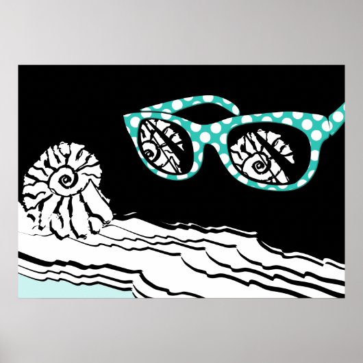 ビーチシー&ターコイズ水玉模様グラスバスルーム ポスター (正面)