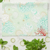 ビーチスタイルターコイズティール(緑がかった色)ヒトデ キッチンタオル (折り畳み)