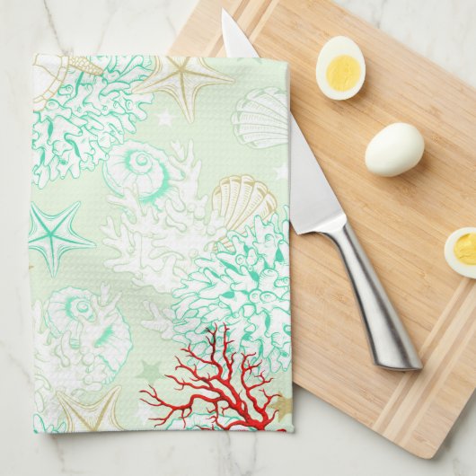 ビーチスタイルターコイズティール(緑がかった色)ヒトデ キッチンタオル (四つ折り)