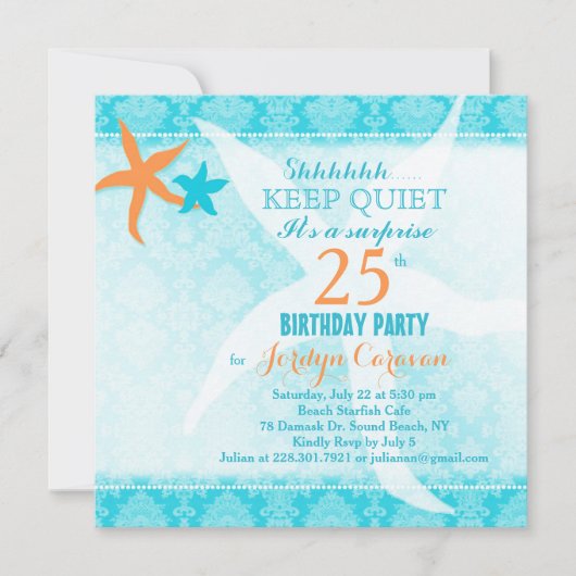 ビーチスターフィッシュサプライズ誕生日パーティー 招待状 (正面)