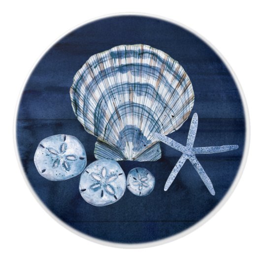 ビーチスターフィッシュシーシェルズネイビーブルー素朴ウッド セラミックノブ (正面)