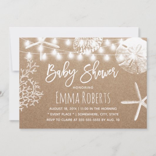 ビーチスターフィッシュシーシェル素朴ズクラフトベイビーシャワー 招待状 (正面)