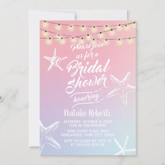 ビーチスターフィッシュパステルホログラフィックブライダルシャワー 招待状 (正面)