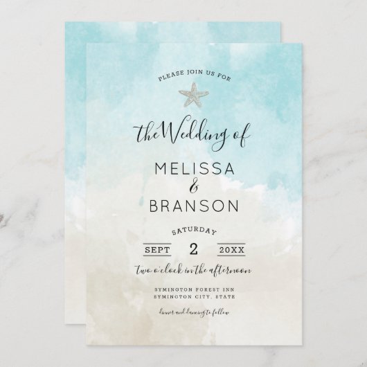 ビーチスターフィッシュ水彩ウェディング 招待状 (正面/裏面)